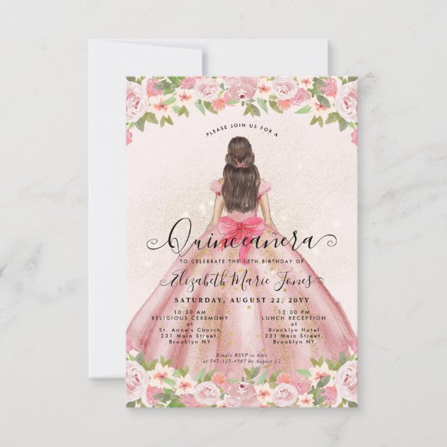 Budget Floral Blush Pink Gold Princess Quinceanera Card (Front)