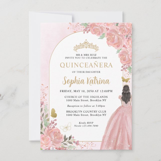 Budget Floral Blush Pink Gold Princess Quinceanera Card (Front)