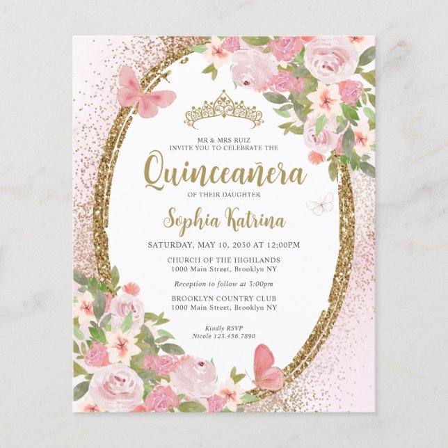 Budget Floral Blush Pink Gold Tiara Quinceañera Flyer (Front)