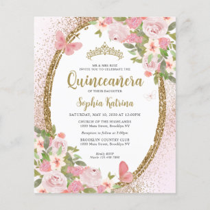 Budget Floral Blush Pink Gold Tiara Quinceañera Flyer