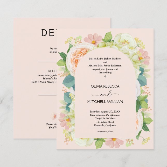 Budget Floral Blush Pink Wedding All in One Invite (Front/Back)