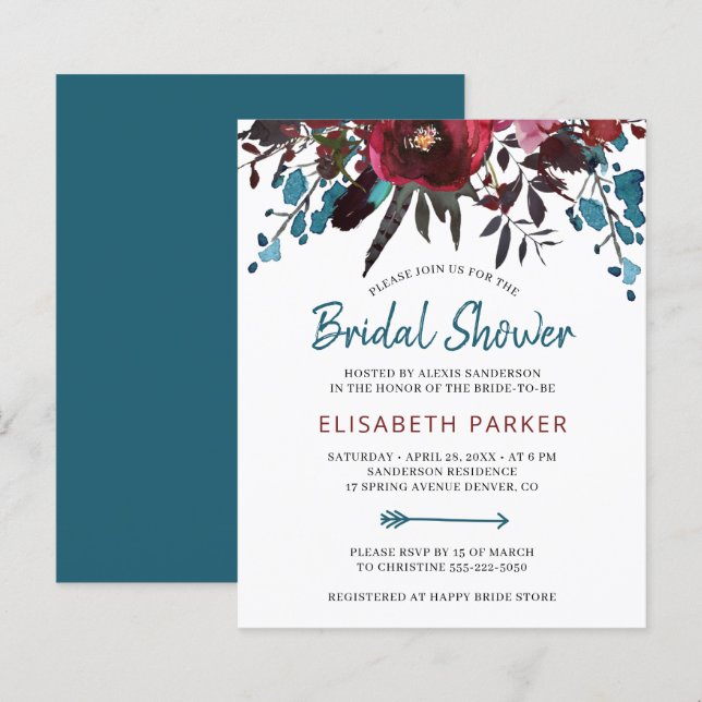 Budget floral boho blue bridal shower invitations (Front/Back)
