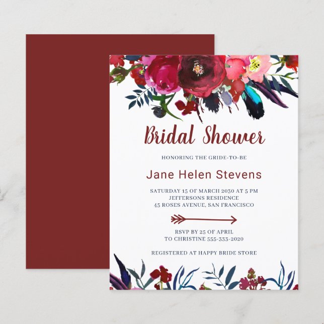Budget floral boho chic bridal shower invitations (Front/Back)