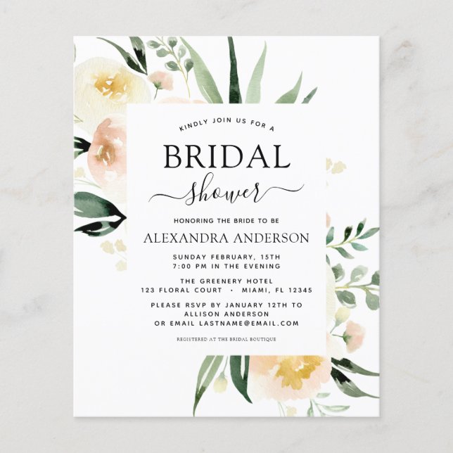 Budget Floral Bridal Shower Sage Greenery Flyer (Front)