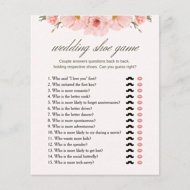 Budget Floral Bridal Shower Wedding Shoe Game Card (Front)