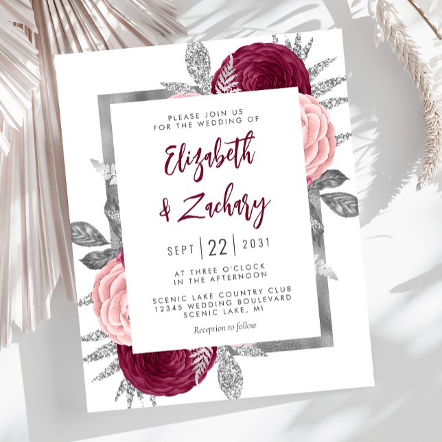 Budget Floral Burgundy Blush Silver Wedding Invite (Creator Uploaded)