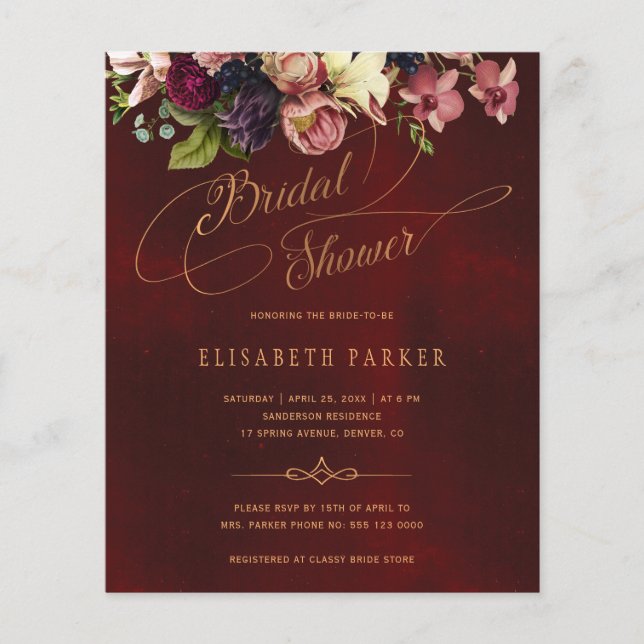 Budget floral burgundy bridal shower invitation flyer (Front)