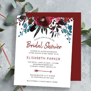 Budget floral burgundy bridal shower invitations