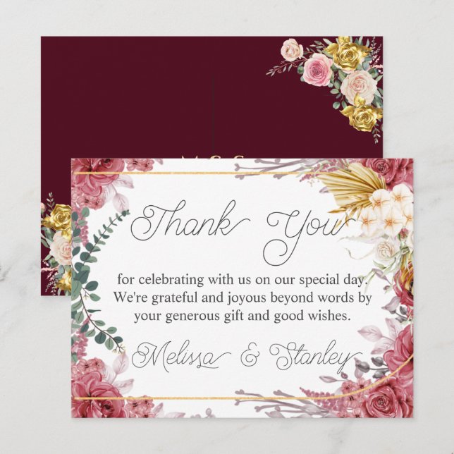 Budget Floral Burgundy Gold Eucalyptus Thank You Postcard (Front/Back)