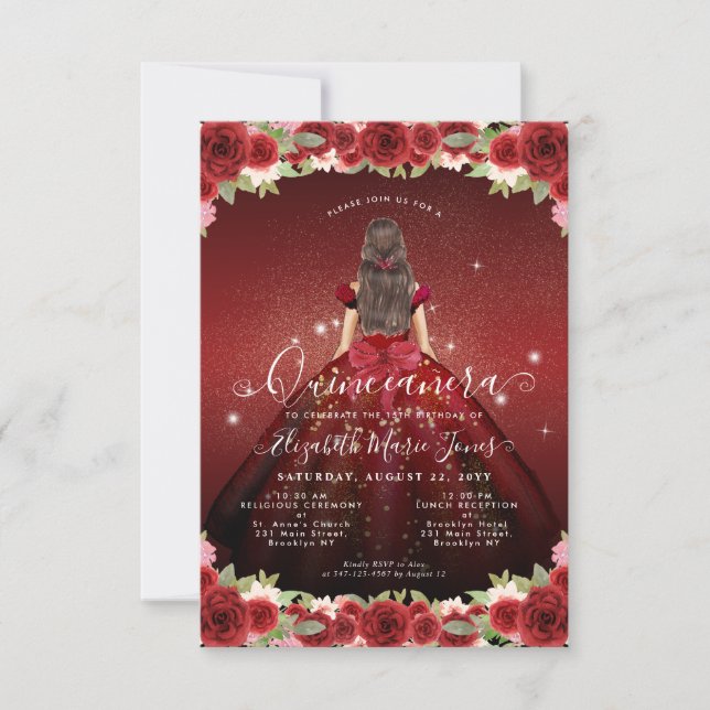 Budget Floral Burgundy Gold Princess Quinceanera Card (Front)