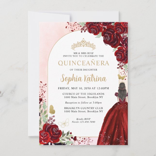 Budget Floral Burgundy Gold Princess Quinceanera Card (Front)