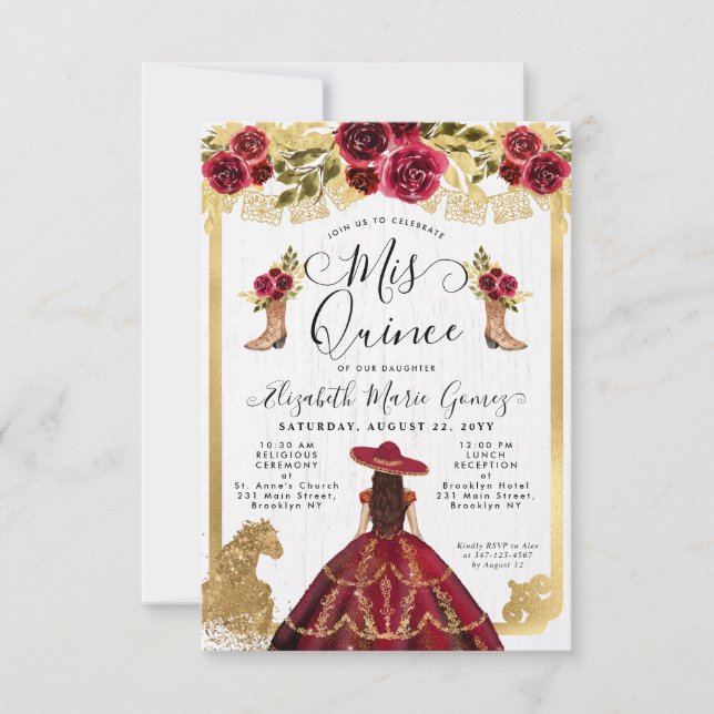 Budget Floral Burgundy Latina Charra Quinceanera Card (Front)