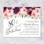 Budget Floral Burgundy Pink 80th Birthday Party<br><div class="desc">Elegant and budget-friendly 80th birthday party invitation featuring "80 & Fabulous" in a stylish calligraphy script and watercolor bouquets of burgundy red and pink florals with sage green greenery.</div>