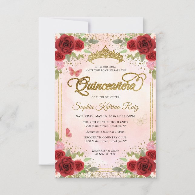 Budget Floral Burgundy Pink Gold Crown Quinceañera Card (Front)