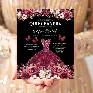 Budget Floral Burgundy Princess Quinceanera