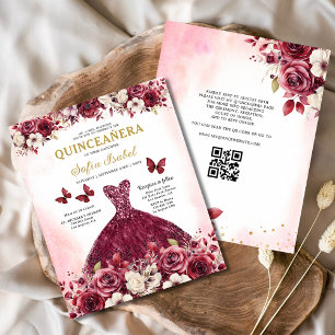 Budget Floral Burgundy QR Code Quinceanera