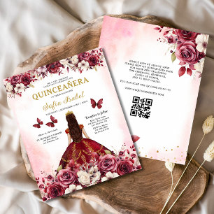 Budget Floral Burgundy QR Code Quinceanera Flyer