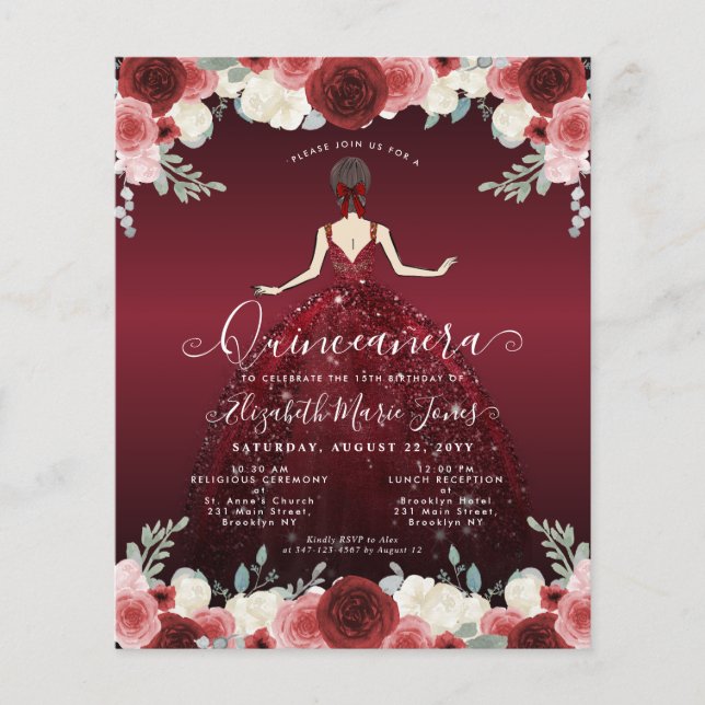 Budget Floral Burgundy Red Dress Gown Quinceanera (Front)