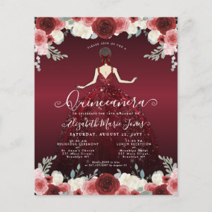 Budget Floral Burgundy Red Dress Gown Quinceanera