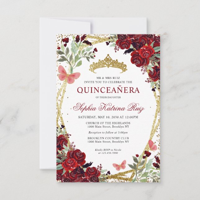 Budget Floral Burgundy Red Gold Tiara Quinceañera Card (Front)