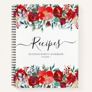 Budget Floral Burgundy Red Holiday Kitchen Recipe Notebook