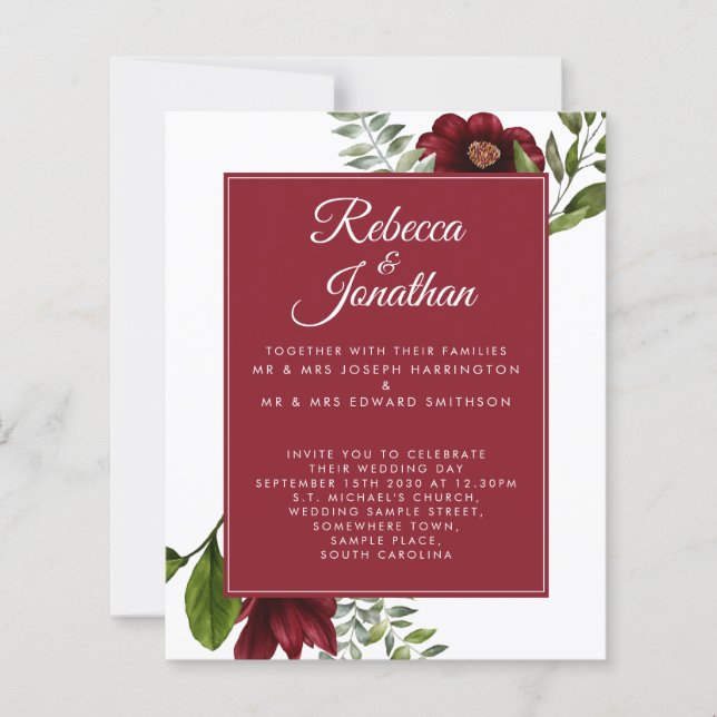 Budget Floral Burgundy Red Wedding Invitation (Front)