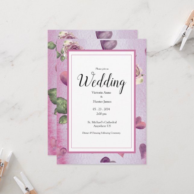 Budget Floral Burgundy Watercolor Elegant Wedding Invitation (Front/Back In Situ)