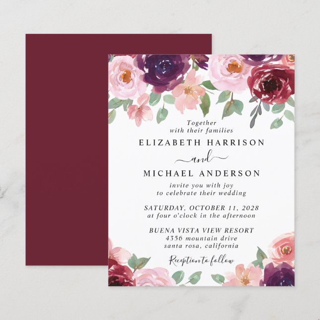 Budget Floral Burgundy Watercolor Wedding Invite (Front/Back)