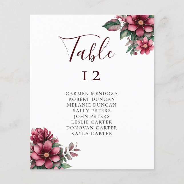 Budget Floral Burgundy Wedding Table Seating Chart (Front)