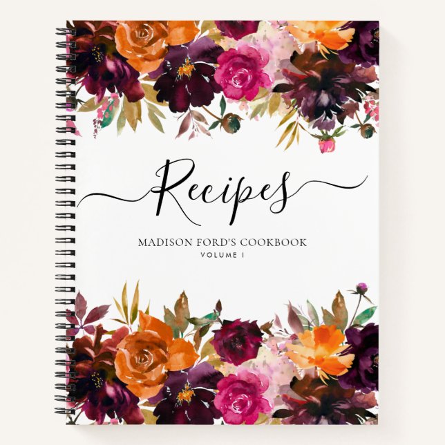 Budget Floral Burgundy Yellow Purple Pink Recipe Notebook (Front)