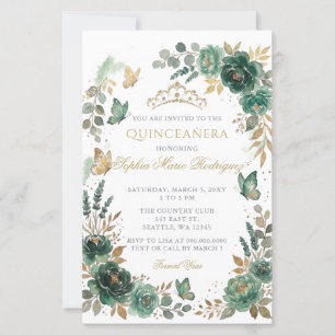 Budget Floral Butterfly Emerald Gold Quinceañera