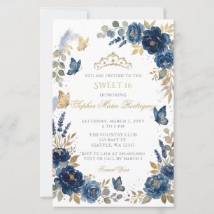 Budget Floral Butterfly Navy Gold Tiara Sweet 16