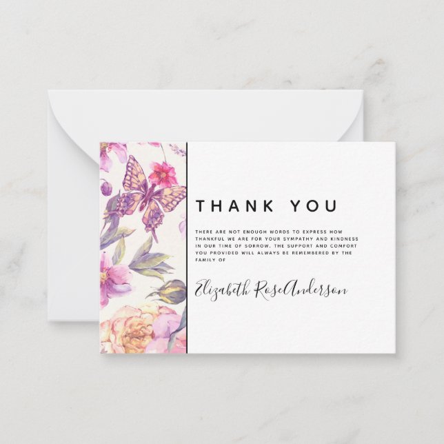 BUDGET Floral Butterfly Sympathy Funeral Thank You Card (Front)