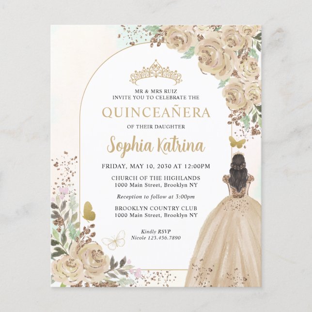 Budget Floral Champagne Gold Princess Quinceanera (Front)