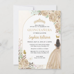 Budget Floral Champagne Gold Princess Quinceanera Card