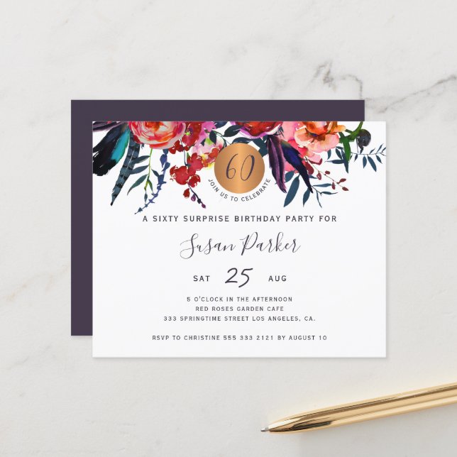 Budget floral chic 60th birthday party invitation (Front/Back In Situ)