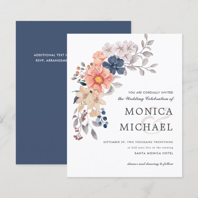 BUDGET Floral Chic Coral PINK Blue Wedding (Front/Back)