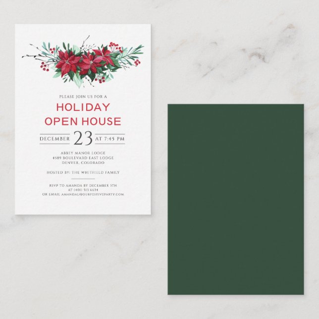 Budget Floral Christmas Holiday Open House Party Card (Front/Back)