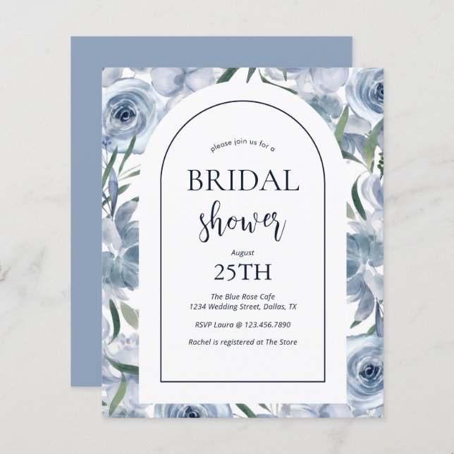 Budget Floral Dusty Blue Bridal Shower Invitation (Front/Back)