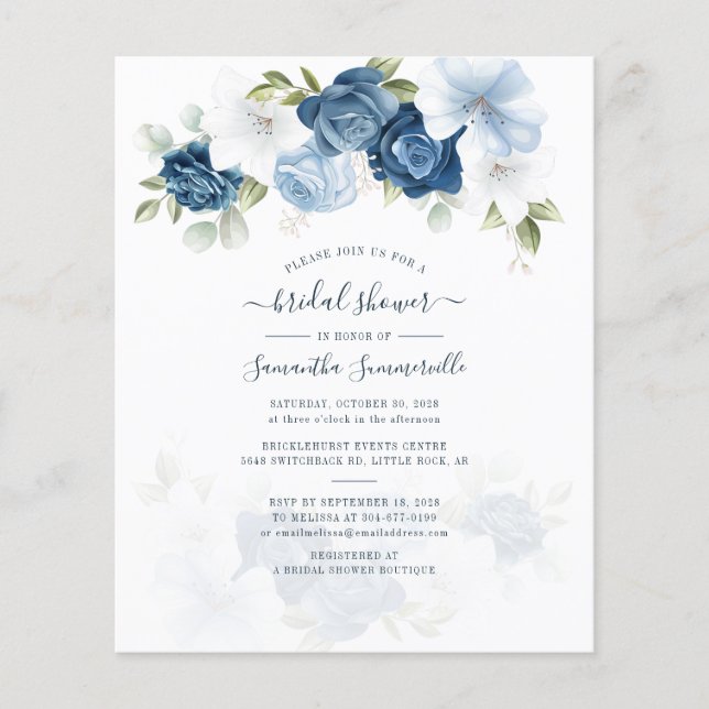 Budget Floral Dusty Blue Bridal Shower Invitation (Front)