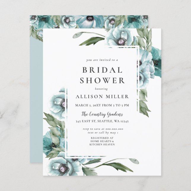Budget Floral Dusty Blue Bridal Shower Invitation (Front/Back)