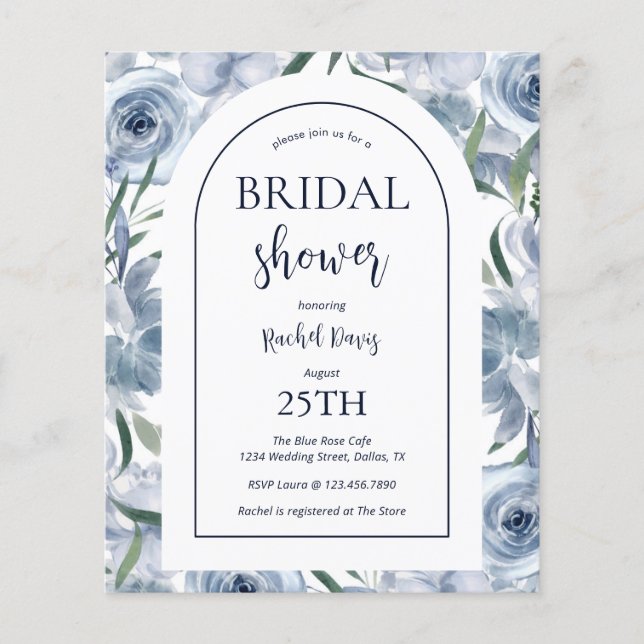 Budget Floral Dusty Blue Bridal Shower Invitation Flyer (Front)