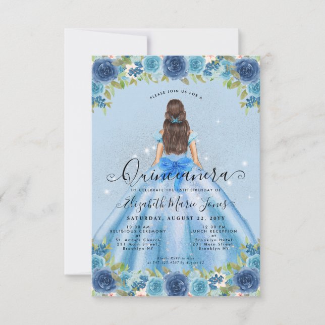 Budget Floral Dusty Blue Glam Princess Quinceanera Card (Front)