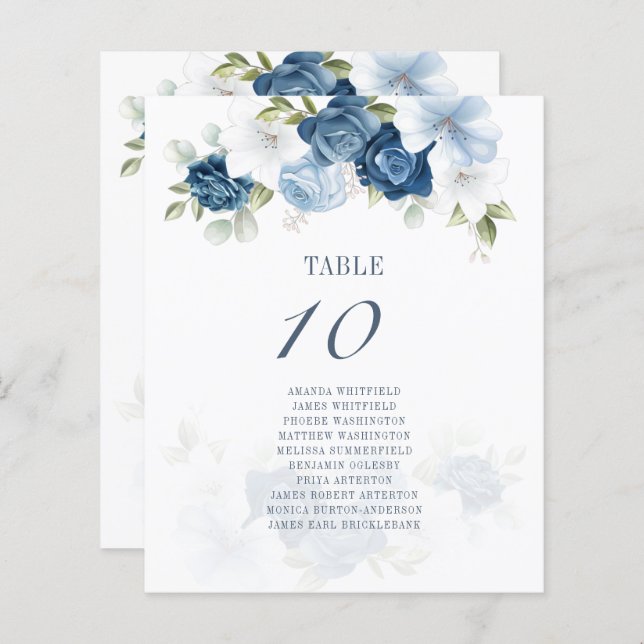 Budget Floral Dusty Blue Green Table Seating Chart (Front/Back)