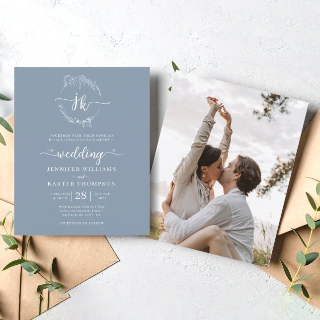 BUDGET Floral Dusty Blue Monogram Photo Wedding  (Creator Uploaded)