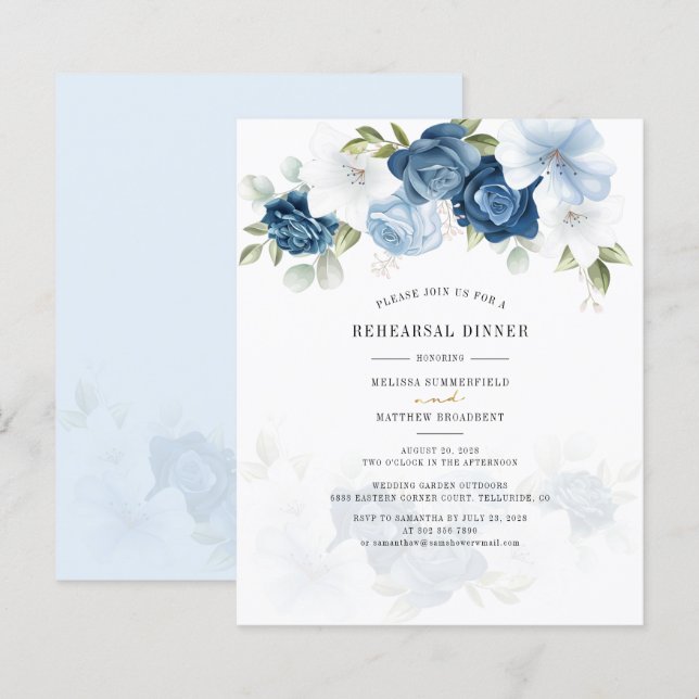 Budget Floral Dusty Blue Rehearsal Dinner Invite (Front/Back)