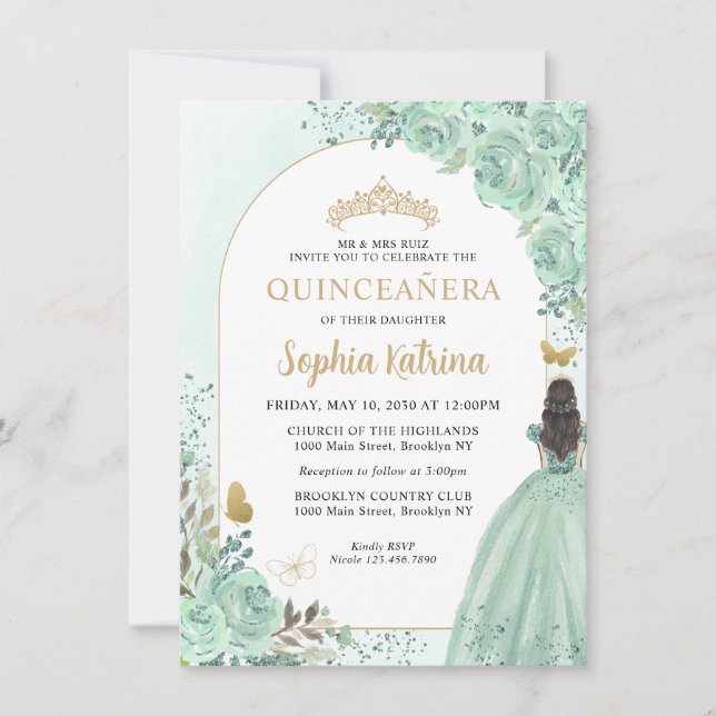 Budget Floral Dusty Green Princess Quinceanera Card (Front)
