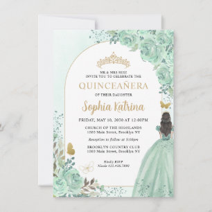 Budget Floral Dusty Green Princess Quinceanera Card