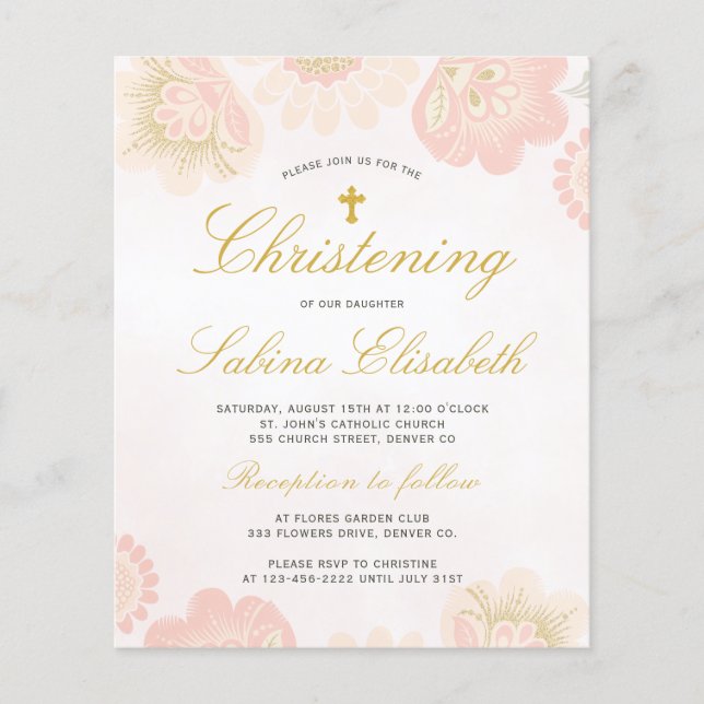 Budget floral elegant Christening Invitation (Front)