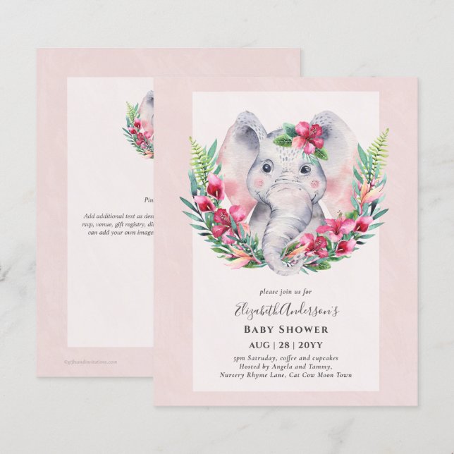 BUDGET Floral Elephant Baby Shower Invite (Front/Back)